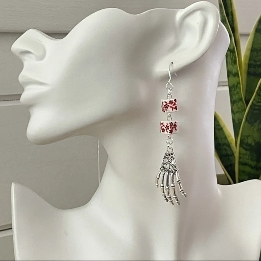 2/$29 Handmade Skeleton Hand & Ceramic Flowered Bead Earrings
